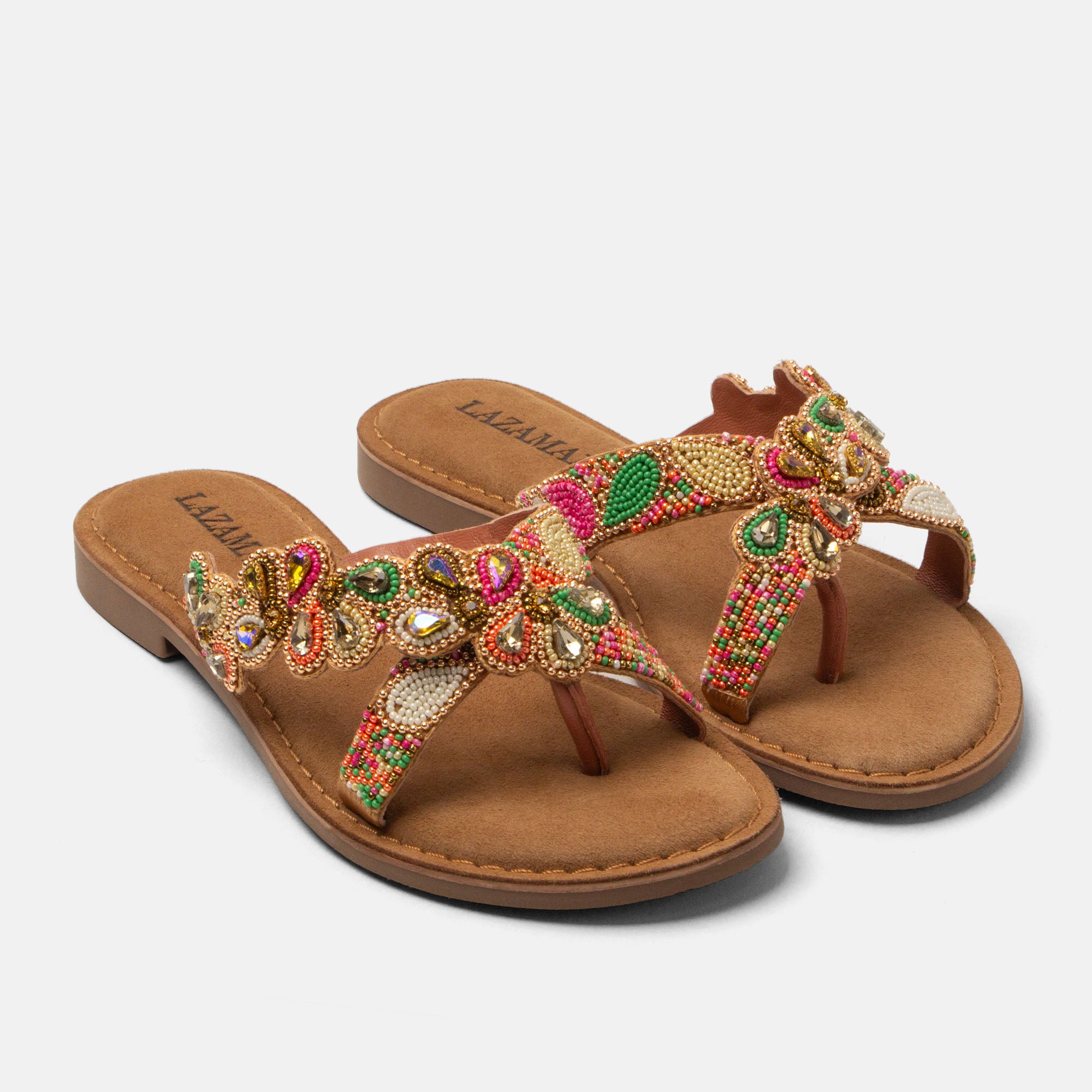 lazamani-pena-damen-zehentrenner-pink-verzierte-leder-slipper-flach image 3