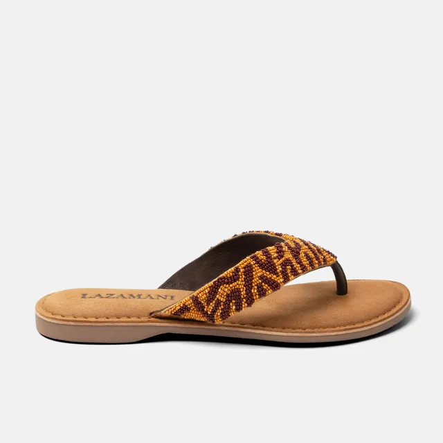 lazamani-ebba-damen-leder-zehentrenner-brown-mit-perlen image 1