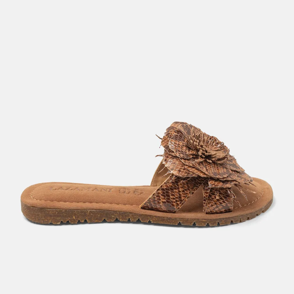 lazamani-moa-damen-wildleder-pantoletten-tan-mit-blume image 1