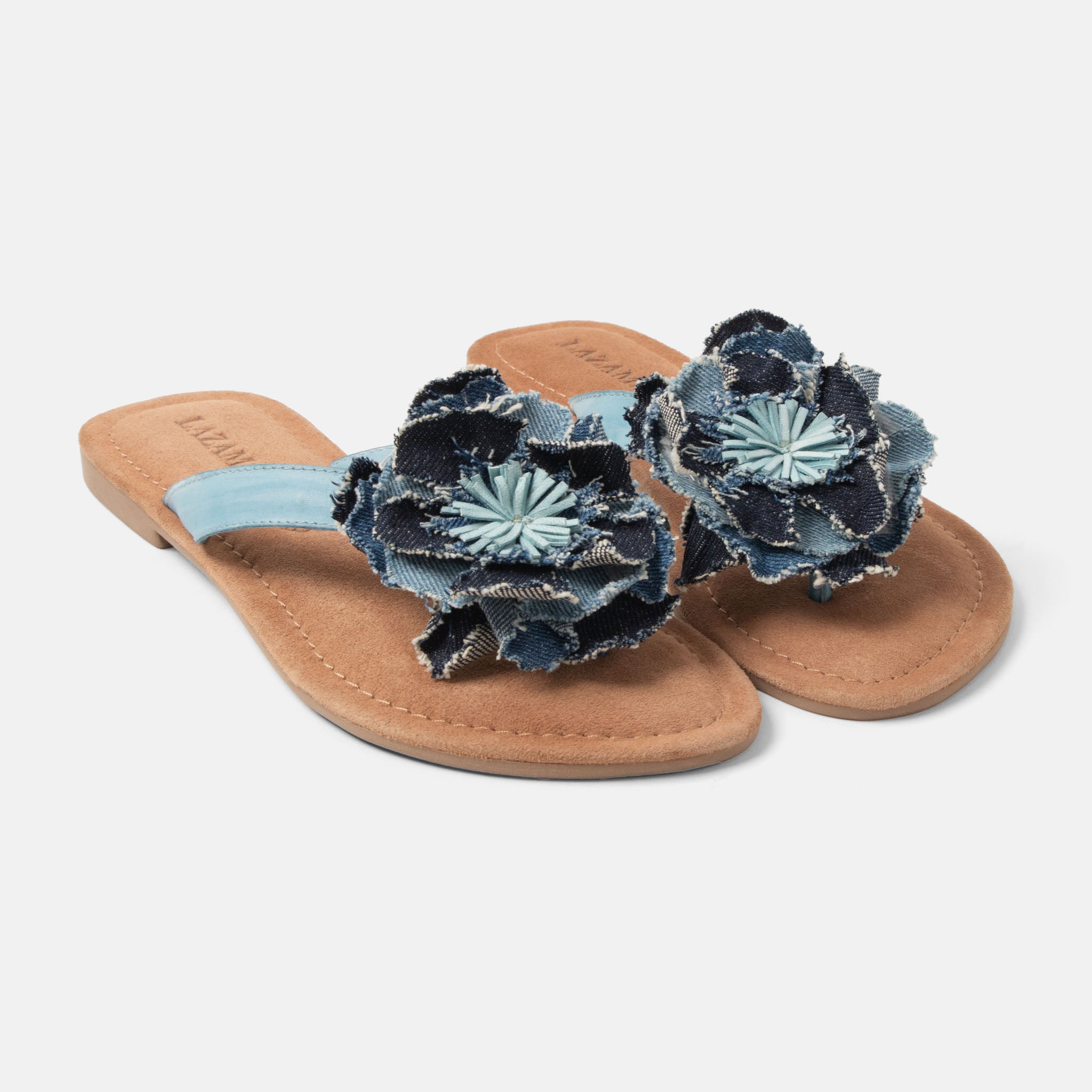 lazamani-peony-damen-leder-zehentrenner-denim-blume image 2