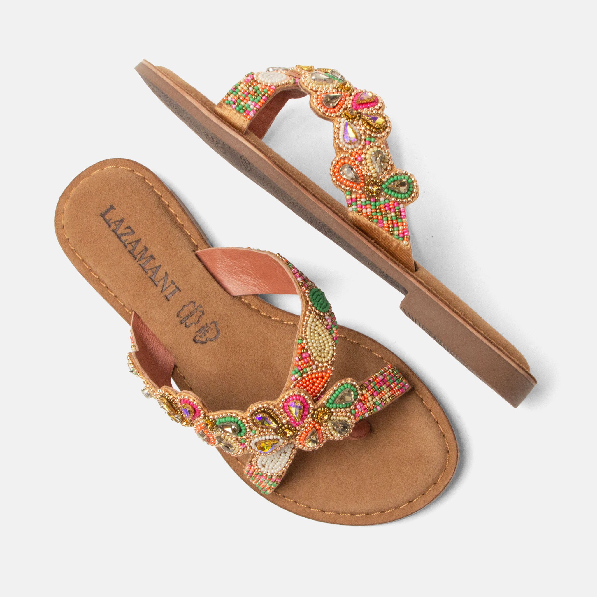 lazamani-pena-damen-zehentrenner-pink-verzierte-leder-slipper-flach image 4