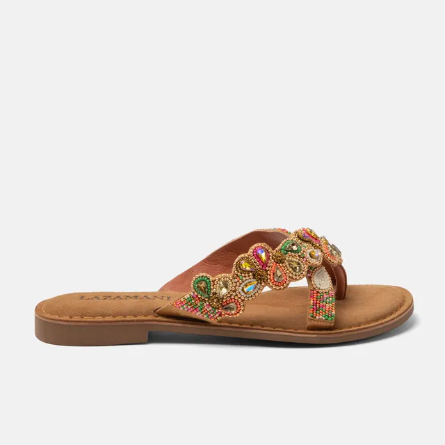 lazamani-pena-damen-zehentrenner-pink-verzierte-leder-slipper-flach image 1