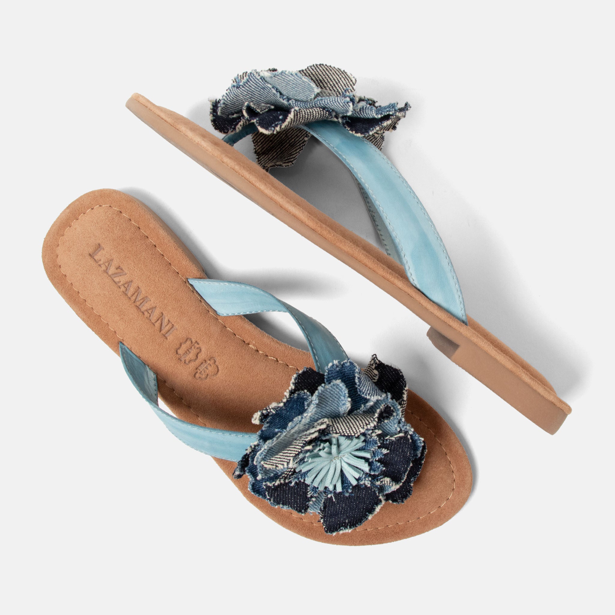 lazamani-peony-damen-leder-zehentrenner-denim-blume image 3