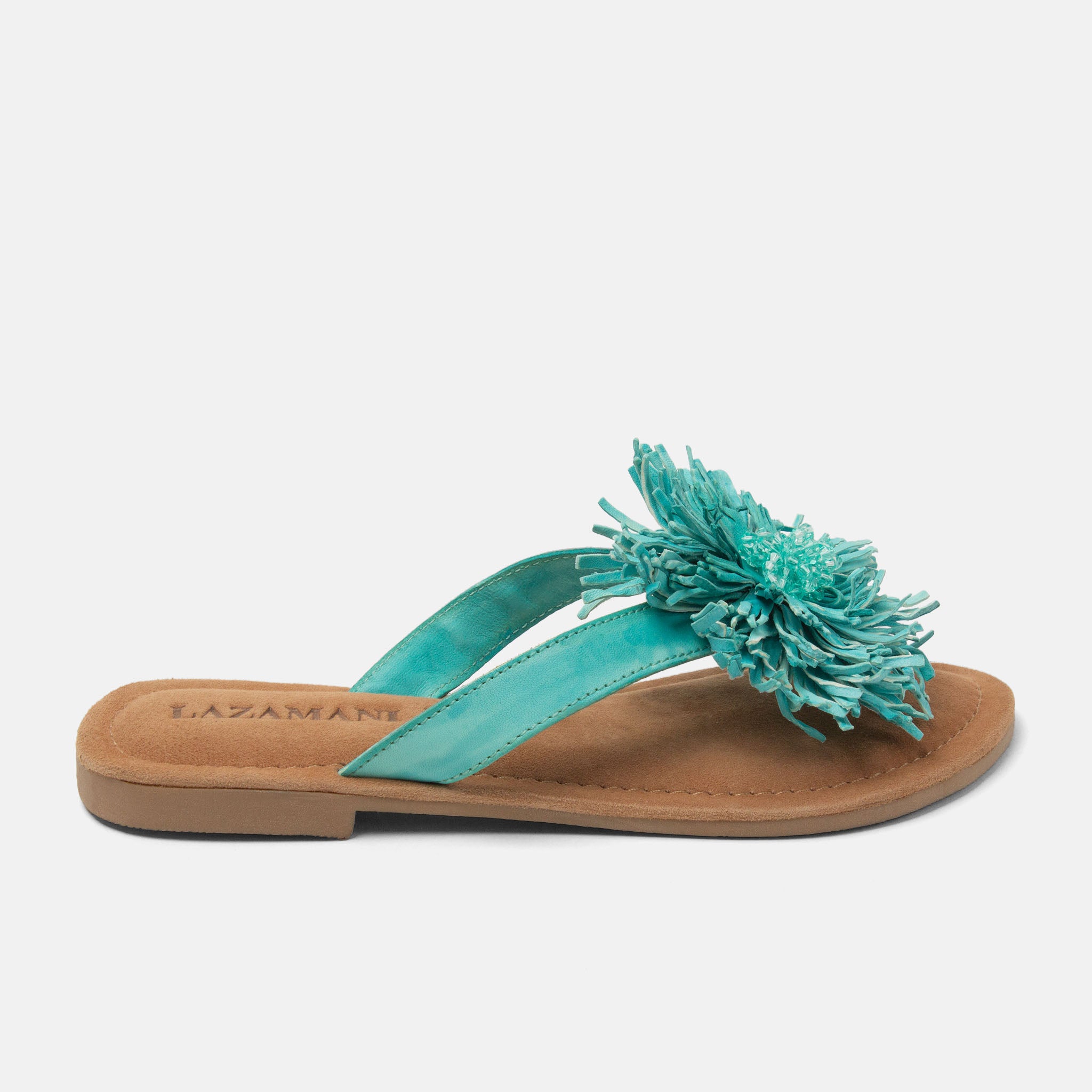 lazamani-roza-damen-leder-zehentrenner-turquoise-mit-blume image 1