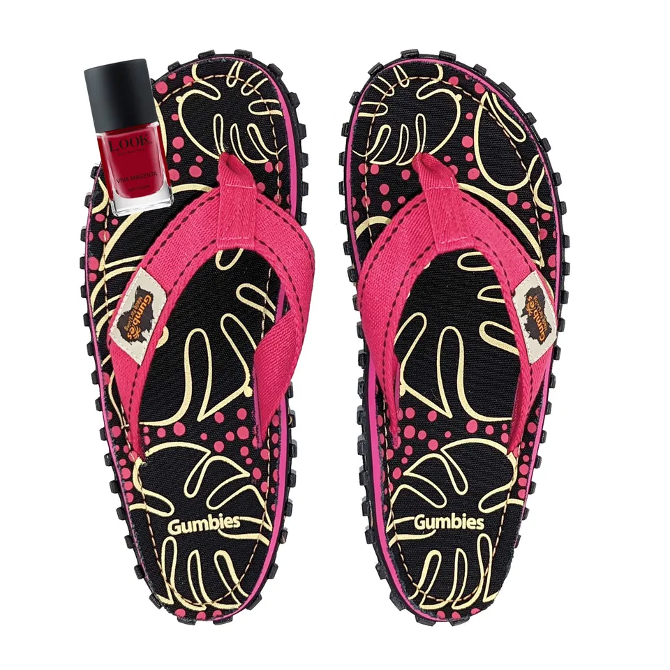 gumbies-zehentrenner-set-tropical-black-mit-nagellack-viva-magenta-damen-flip-fl image 1