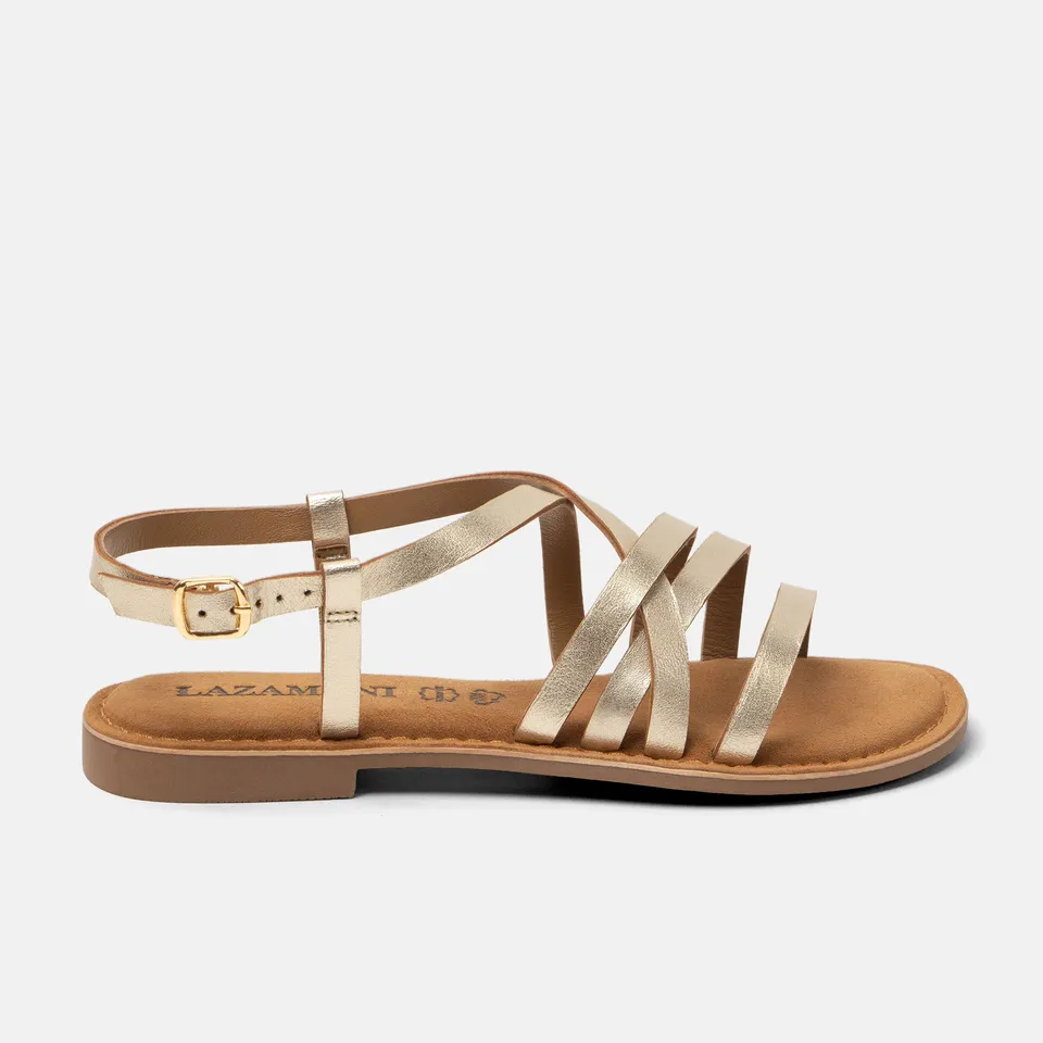 lazamani-zuza-damen-ledersandalen-gold-flach-mit-schnalle image 1