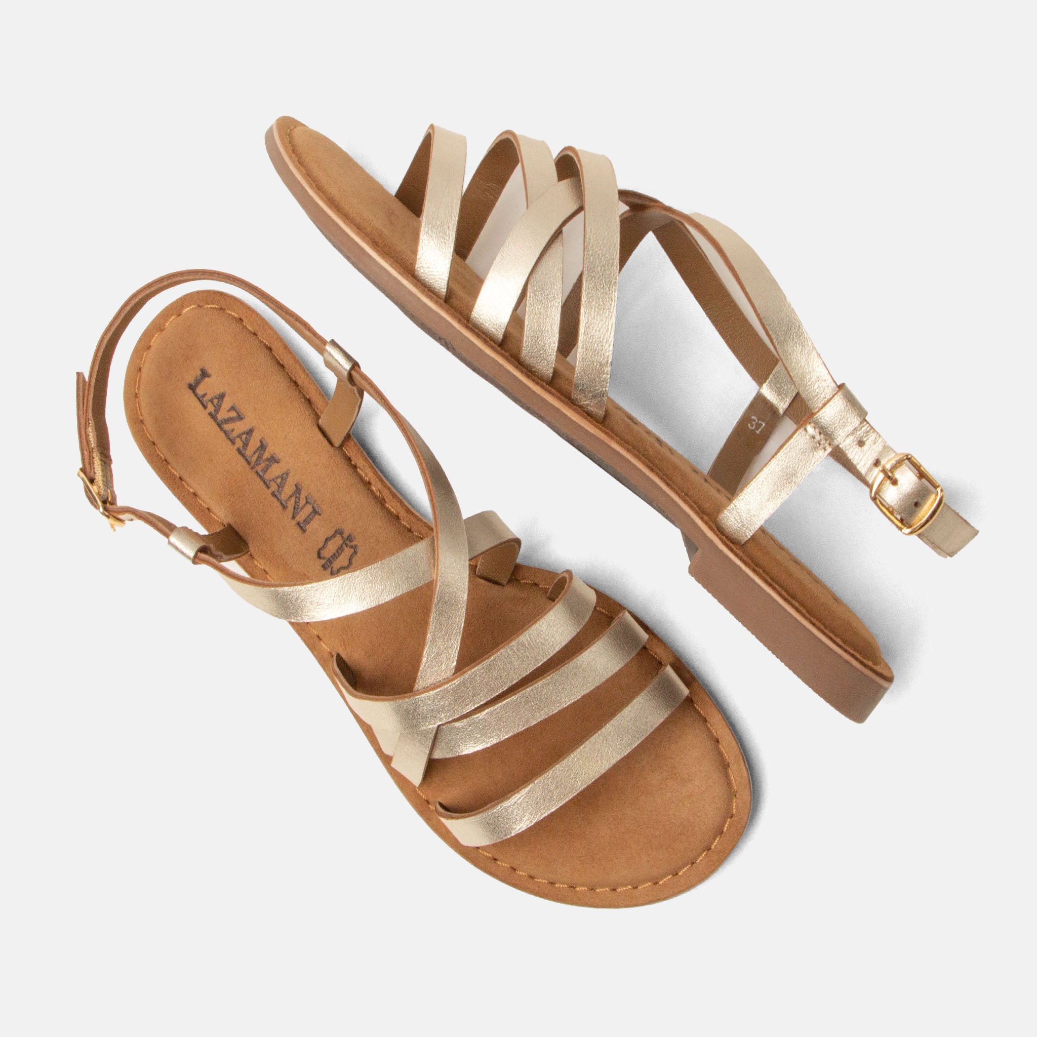 lazamani-zuza-damen-ledersandalen-gold-flach-mit-schnalle image 4