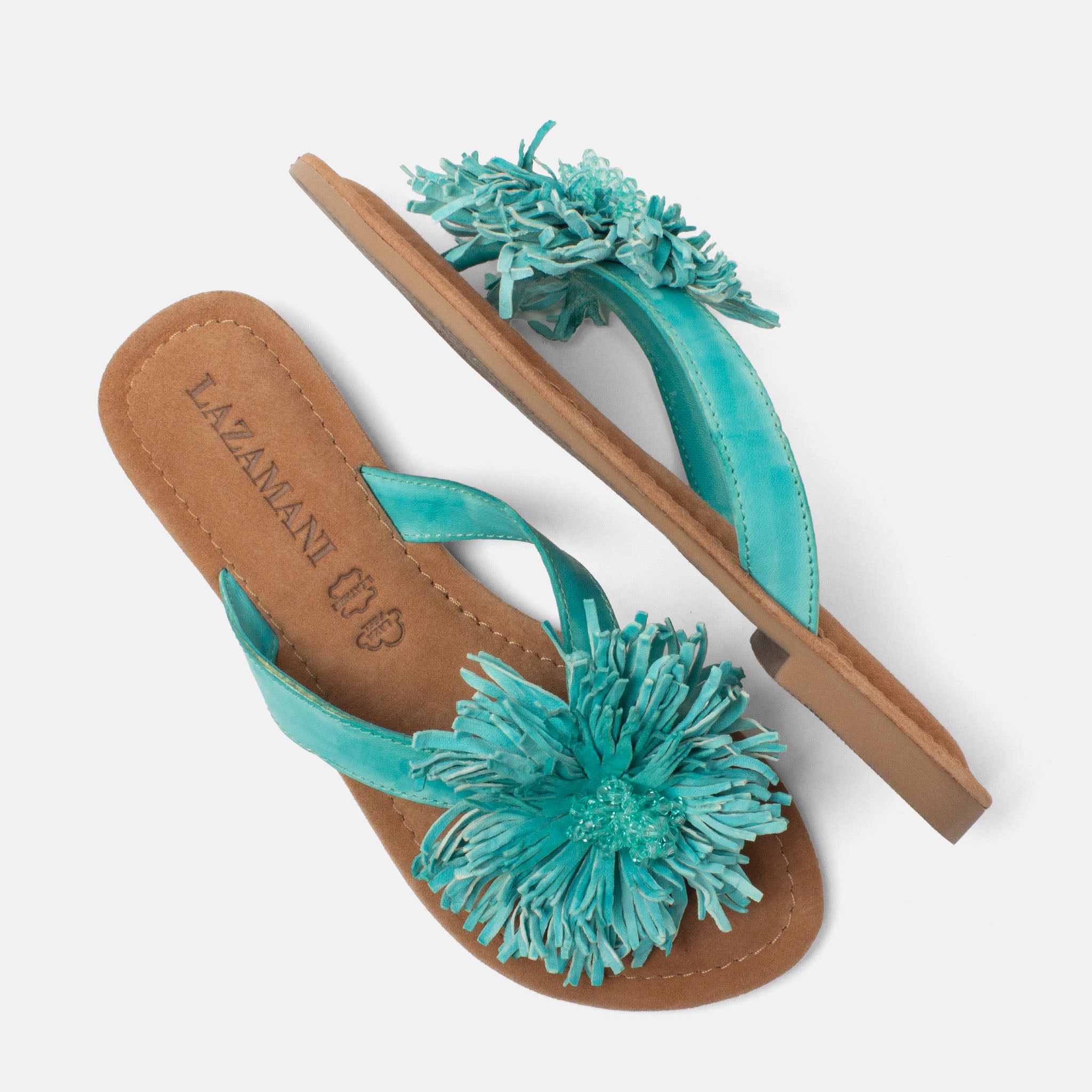 lazamani-roza-damen-leder-zehentrenner-turquoise-mit-blume image 4