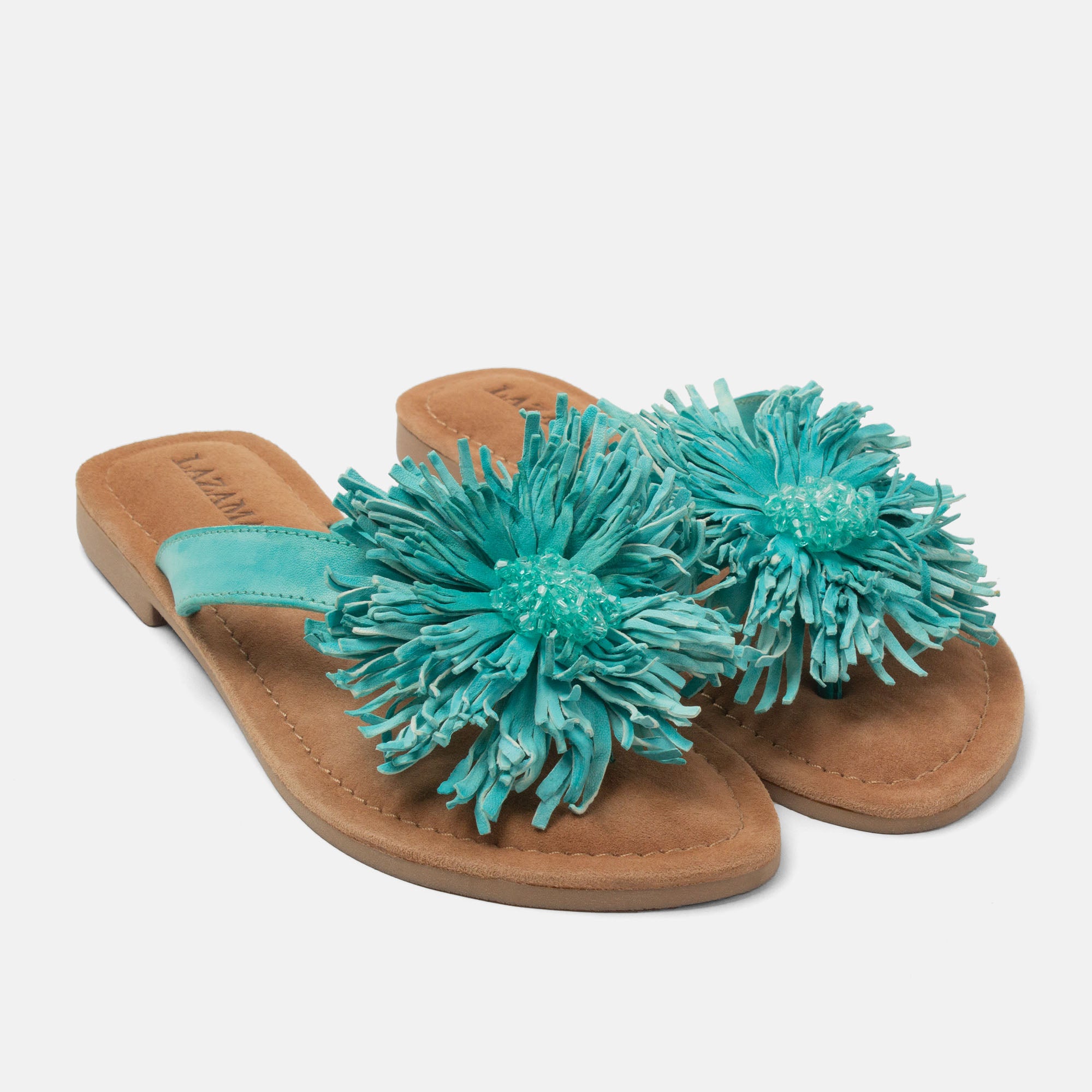 lazamani-roza-damen-leder-zehentrenner-turquoise-mit-blume image 3