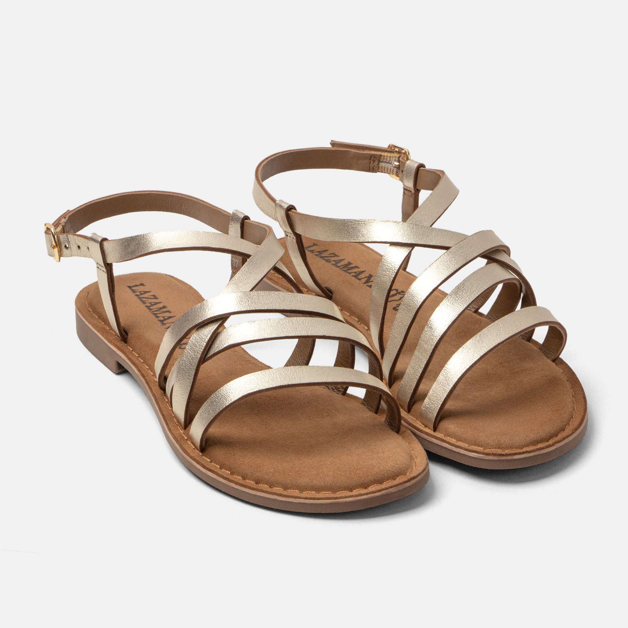 lazamani-zuza-damen-ledersandalen-gold-flach-mit-schnalle image 3